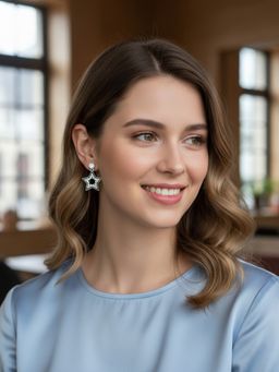 Accessher - Silver Ad Star Black Enamel Korean Style Drop Earrings