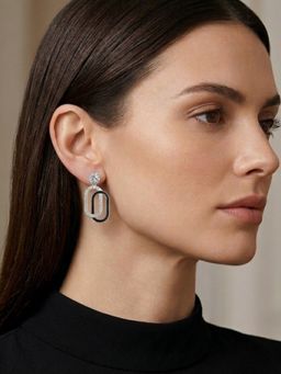 Accessher - Silver Ad Black Enamel Dangle Interlock Drop Earrings