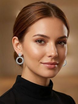 Accessher - Silver Ad Round Black Enamel Drop Earrings