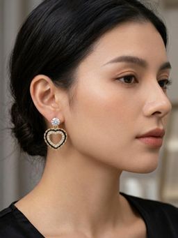 Accessher - Gold Ad Heart Black Enamel Drop Earrings