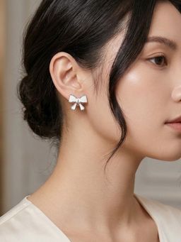 Accessher - Silver White Enamel Bow Stud Earrings