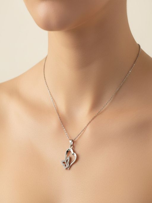 JEWELZ Silver Plated Heart and Butterfly Pendant Necklace