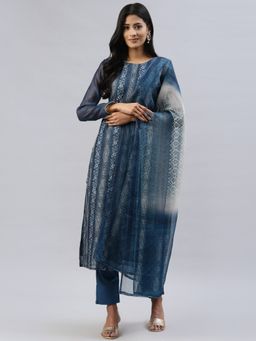 Readiprint - Navy Blue Chanderi Silk Unstitched Dress Material (Set of 3)