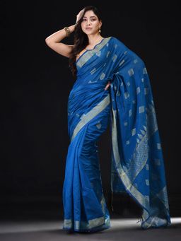 Beatitude - Blue Blended Cotton Woven Saree with Unstitched Blouse
