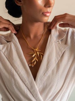 Dhwani Bansal - Statement Haya Pendant With Textured Gold Plated Brass And Gold Dipped Baroque Pearls
