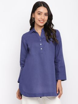Fabindia - Blue Linen Blend Thigh Length Tunic