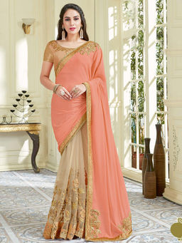 Odette - Peach Net Lycra Designer Saree with Unstitched Blouse