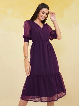 Styli - Purple Dobby Tiered Midi Dress