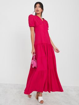 Styli - Magenta Short Sleeves Button Loop Detail Tiered Maxi Dress (S)