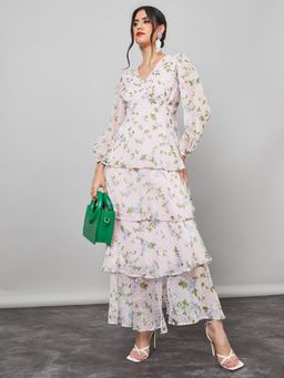 Styli - Peach Floral Print Dobby Layered Maxi Dress