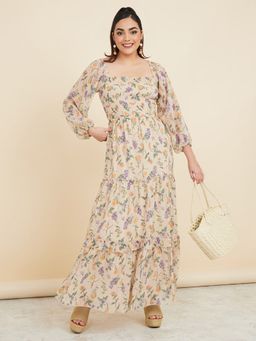 Styli - Beige Floral Print Tiered Maxi Dress
