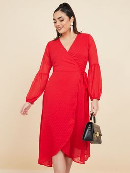 Styli - Red Self Design Wrap Midi Dress