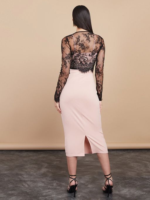 Buy Styli Pink Long Sleeves Lace Overlay Bodycon Midi Dress Online