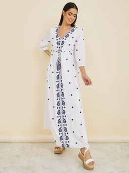 Styli - White Long Sleeves Embroidered A Line Maxi Dress