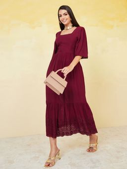 Styli - Red Square Neck Broderie Anglaise A Line Midi Dress