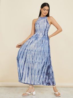 Styli - Blue Halter Neck Tie & Dye A Line Maxi Dress