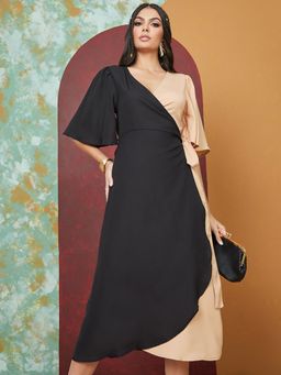Styli - Multi Color Wrap Colorblock Midi Dress