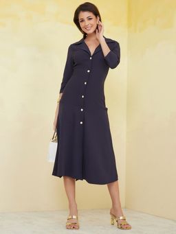 Styli - Navy Blue Long Sleeves Plain Blazer Midi Dress