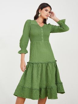 Styli - Green Self Design A Line Midi Dress