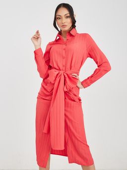 Styli - Coral Bow Tie Front Detail Textured Shirt Midi Dress