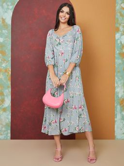 Styli - Green Floral Print A Line Midi Dress