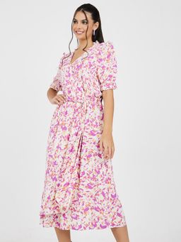 Styli - Multi Color Floral Print Wrap Front A Line Midi Dress with Belt (Set of 2)
