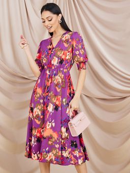 Styli - Purple Elbow Sleeves Floral Print A Line Midi Dress