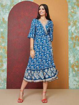 Styli - Blue Bohemian Print Wrap Midi Dress