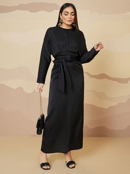 Styli - Black Long Sleeves A Line Maxi Dress with Belt (Set of 2)