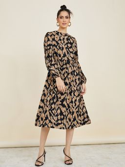 Styli - Black Long Sleeves Printed A Line Midi Dress