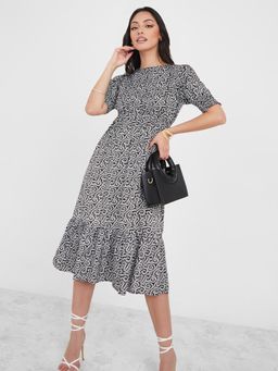 Styli - Black Puff Sleeves Printed A Line Midi Dress