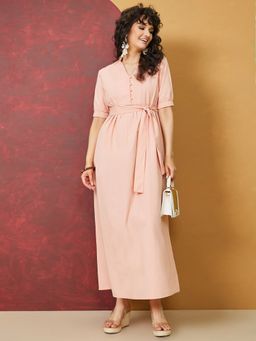 Styli - Pink Button Detail Maxi Dress with Self Tie Belt (Set of 2)