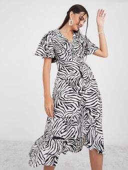 Styli - Off White Animal Print Wrap Around Midi Dress