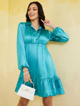 Styli - Turquoise Solid Balloon Sleeve Tiered Mini Dress