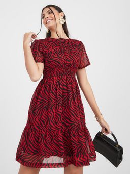 Styli - Red Animal Print Smocked Waist Mini Dress