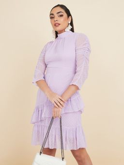 Styli - Lavender High Neck Mini Dress with Ruched Sleeves (S)