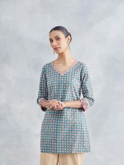 Fabindia - Teal Cotton Hand Block Printed Slim Fit Kurti