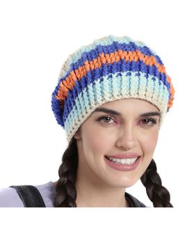 Magic Needles - Women Blue Off White Self Striping Slouch Beanie