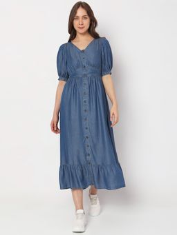 VERO MODA - Women Solid Casual Wear Blue Dress
