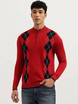 United Colors of Benetton - Red Regular Fit Mock Neck Argyle Sweater