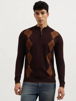 United Colors of Benetton - Brown Regular Fit Mock Neck Argyle Sweater