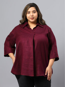 Indietoga Plus Size - Maroon Silk Wool Blend Centre Pleat Tunic Top