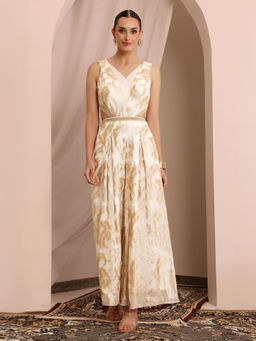 Miss Chase - Women Off White V-Neck Self-Designed Georgette Jumpsuit