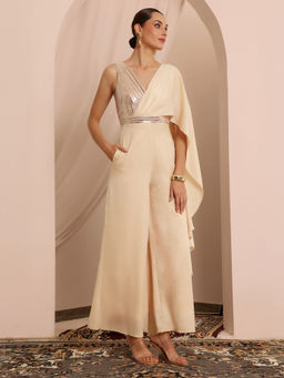 Miss Chase - Women Ivory V-Neck Embellished Pleated Satin Jumpsuit