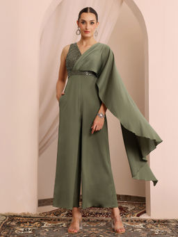 Miss Chase - Women Pale Olive Embellished Satin Jumpsuit