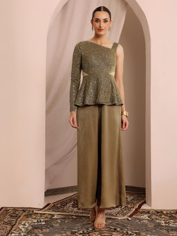 Miss Chase - Womens Brown Asymmetric Peplum Regular Satin Jumpsuit