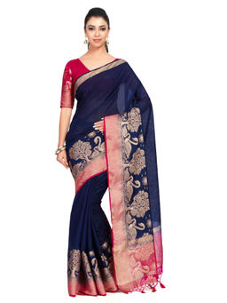 Mimosa - Linen Navy blue Saree With Blouse Piece