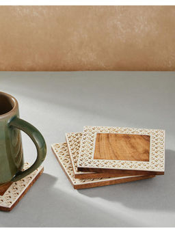 Fabindia - Brown Aavegh Cutwork Wood Coasters (Set of 4)