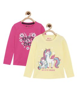 3PIN - Printed Full Sleeve T-shirt For Girls Pink & Yellow (Pack of 2)