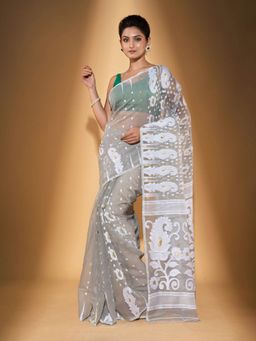 Beatitude - Grey Cotton Silk Jacquard Jamdani Saree with Unstitched Blouse